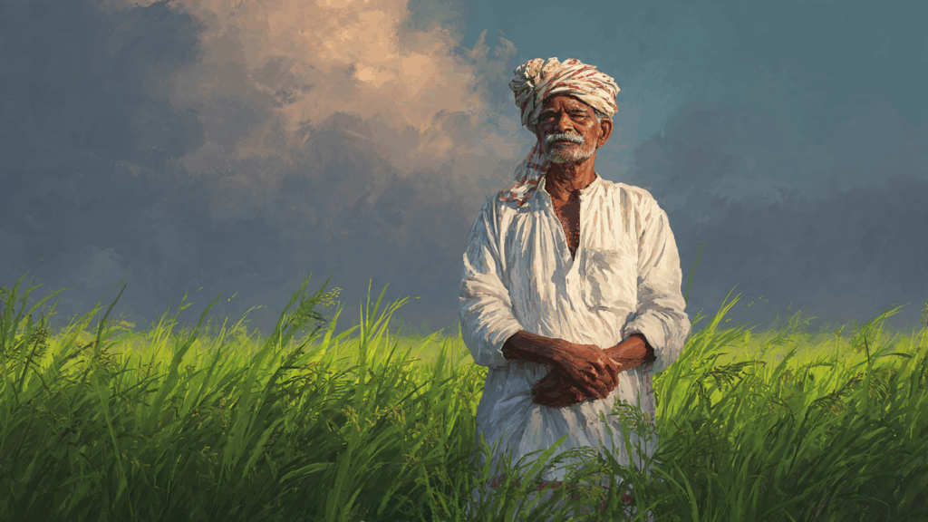 “बळीराजा पिकलेल्या शेतात उभा असलेला – इडा पीडा टळो आणि बळीचं राज्य येवो या भावनेचं प्रतीक.”