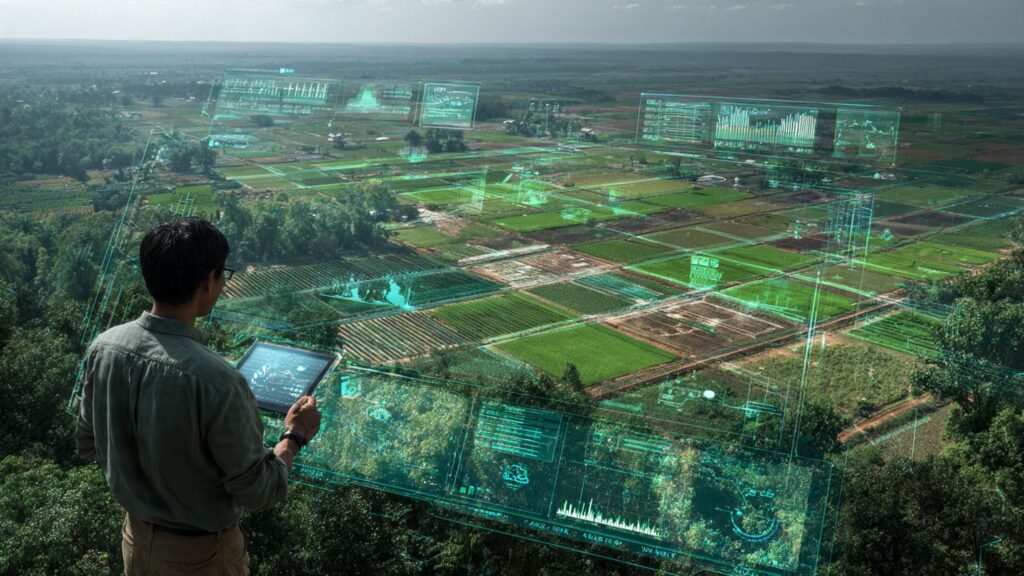 Indian farmer using AI-powered Geospatial Intelligence Engine for agriculture, showing satellite imagery, soil maps, crop health analysis, and weather data visualization.